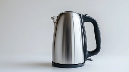 Stainless steel electric kettle on white background.