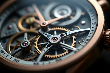 Intricate macro view of a sophisticated mechanical timepiece showcasing its complex inner workings and luxurious design elements in exquisite detail and precision