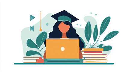 Online graduation ceremony concept with student using laptop for virtual celebration event design vector
