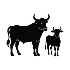 black and white illustration, minimalist design, silhouette of bulls,