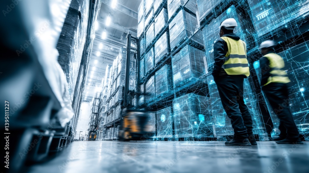 Poster two workers in a warehouse observe a forklift moving through a digitally enhanced display of data an