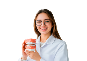 Smiling woman dentist holding a mouth model isolated on transparent background