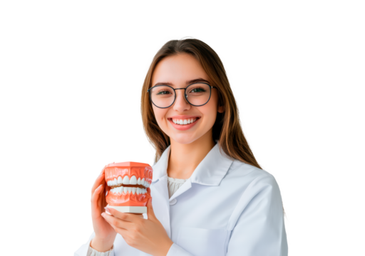 Smiling woman dentist holding a mouth model isolated on transparent background - Powered by Adobe