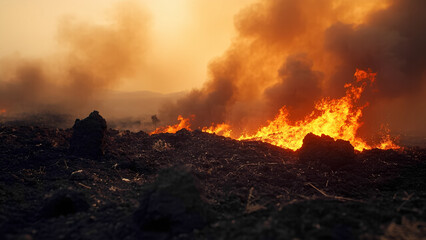 Close-up of scorched earth and smoke after fire passes