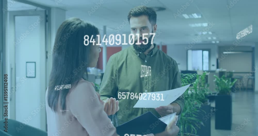 Poster two colleagues discussing documents with floating numbers animation in office
