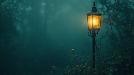 A glowing streetlamp cuts through thick fog, casting a warm glow in an atmosphere of mystery and tranquility amidst towering shadows.