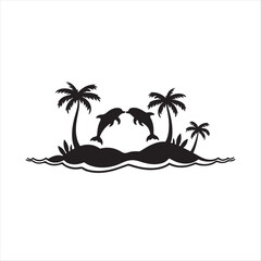 Palm trees vector in the background of a black and white image of two dolphins