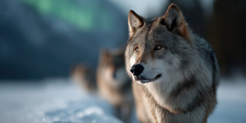 Obraz premium Wolf pack walking through snowy wilderness natural habitat wildlife photography cold environment close-up view predatory behavior