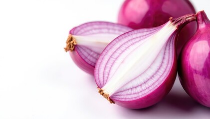 Close-up of red onion halves, showing layers, white backdrop, healthy, macro, market