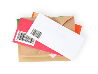 Stack of different paper envelopes on white background, top view. Post office