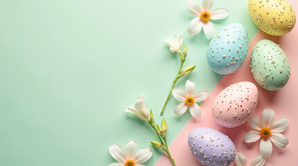 Fototapeta premium Elegant Easter composition with delicate pastel eggs decorated with golden stars on a stylish mint pink background with white flowers. Modern minimalism and airy spring shades.