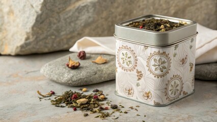 A decorative tin of loose tea with herbs and petals on a textured surface.