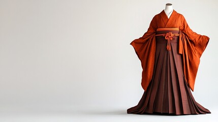 Elegant rust and brown Japanese kimono on a mannequin.