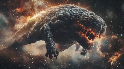 A monster with a galaxy-like texture floating in a cosmic nebula 