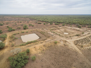 Drone image of 2 dams, 1 full, 1 empty