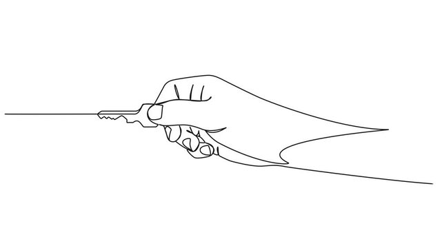 animated continuous single line drawing of hand holding a door key, line art animation