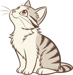 A cartoon of a sitting tabby cat with brown stripes, looking up with a happy expression on a white background.