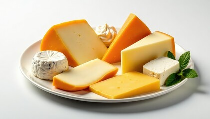 Elegant cheese plate, various cheeses, white backdrop , tasting, goat cheese