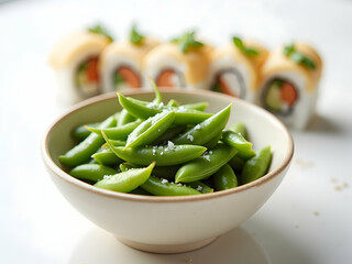 Inviting image showcasing a bowl filled with fresh, vibrant green peas sprinkled with salt, complemented by delectable sushi rolls in the soft background