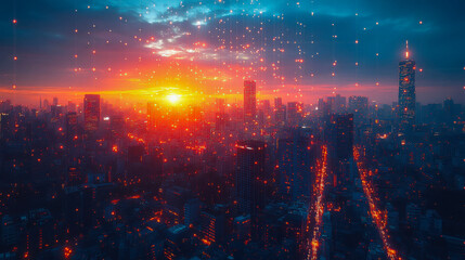 Fototapeta premium A glowing futuristic city skyline at sunset, illuminated by a network of digital lights, depicting an advanced urban environment