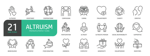 Set Of Altruism Line Icons. Contains such icons as Assistance, Compassion, Caring, Empathy, Charity, Benevolence, Sacrifice, Sympathy, and more.