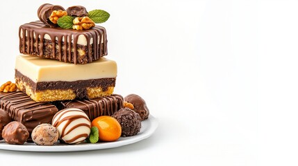 Stacked Chocolate Brownies and Assorted Truffles on White Plate