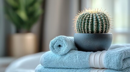 Elegant Spa Setting with Cactus and Soft Towels in Serenity Space