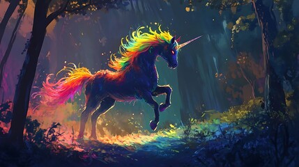 A monster with a rainbow mane prancing in a magical forest 