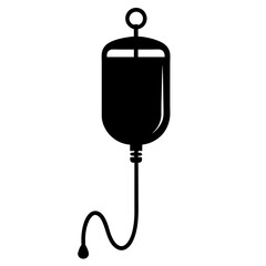 Silhouette of a Hanging IV Saline Bag with Tubing and Hook, Medical Setting, Representing Healthcare, Fluid Administration, Medical Equipment Vector Icon, Hospital, Treatment, Drip, Infusion Therapy.