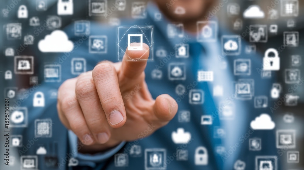 Poster close up of a businessman's hand interacting with a digital interface filled with various security i