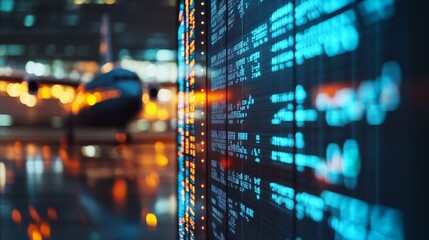 A vibrant airport scene with an airplane in the background and illuminated digital flight information boards in focus.