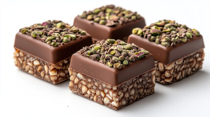Delicious chocolate squares topped with crushed pistachios and nuts, perfect for sweet treat or dessert