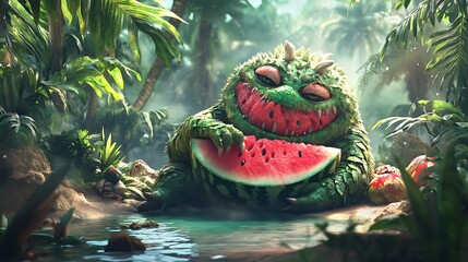 A monster with a watermelon body lounging in a tropical paradise 