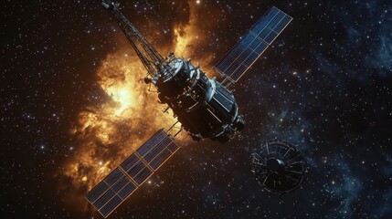 A satellite communication network featuring orbital data transmission, futuristic GPS tracking, and interstellar connectivity.