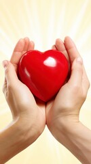 Obraz premium Hands Gently Holding Red Heart Against Luminous Yellow Backdrop In Studio