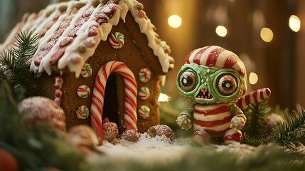 A monster with candy-cane stripes hiding in a gingerbread house 