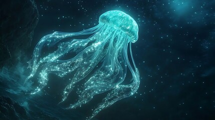 A monster with glowing jelly-like features floating in a bioluminescent ocean 