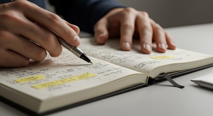 Naklejka premium Person thoughtfully reviews notes soft light. AI Generated