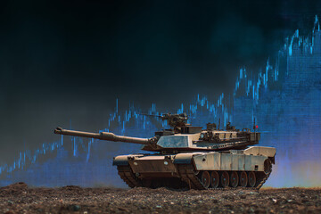 Tank positioned against a backdrop of a sharply rising digital stock market chart.