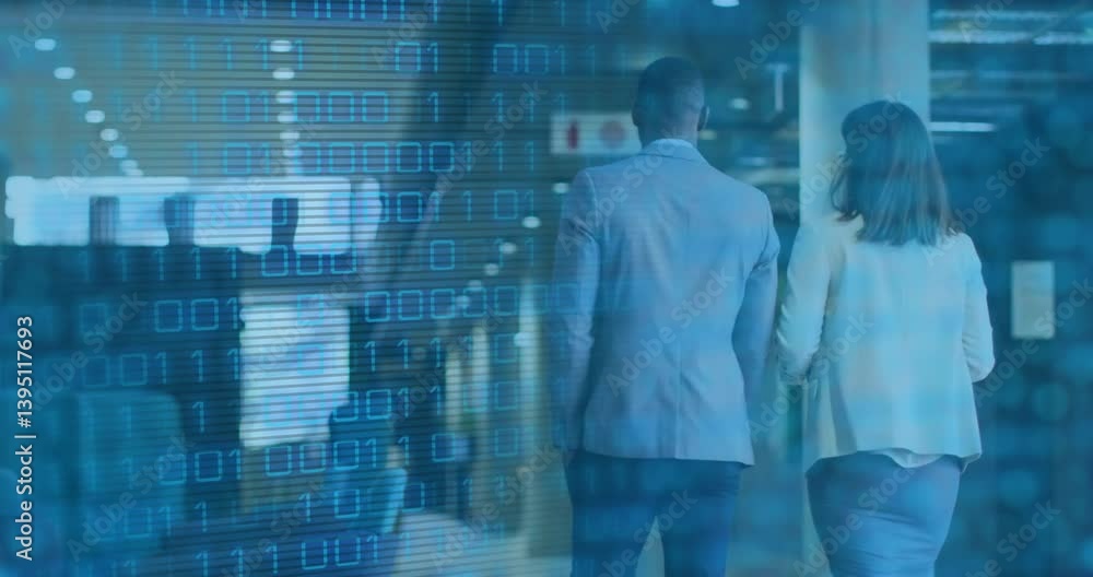 Poster walking in office, business professionals with animation of binary code data