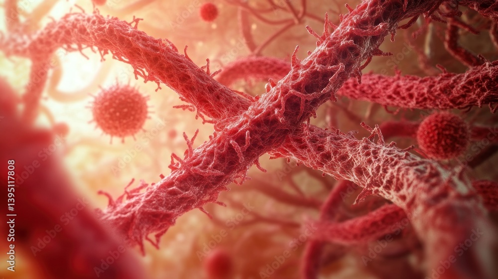 Poster microscopic view depicting biological components in a network structure