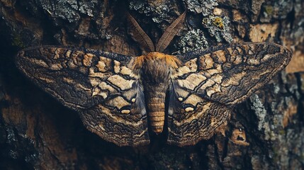 A moth with delicate wings patterned like tree bark blending into its surroundings 