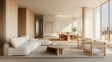 Scandinavian-style living room with light wood flooring, simple furnishings, and soft neutral tones