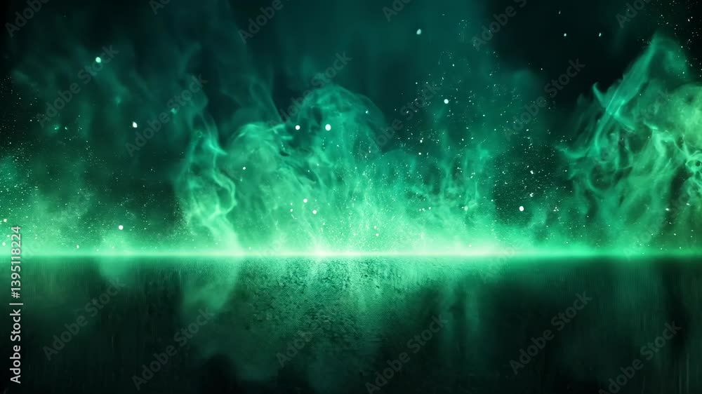 Poster abstract vibrant emerald smoke, shimmering surface and ethereal specks create a mysterious atmospher