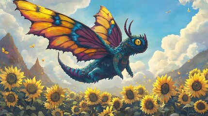 A multicolored monster with butterfly wings flying over a field of sunflowers 