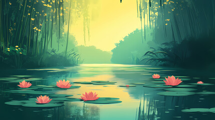 A tranquil, sunlit pond, with water lilies floating on the surface, and the croak of frogs echoing in the distance. Echoing Lagoon. Illustration