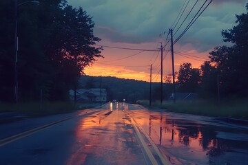 Golden Whispers on Wet Pavement Natures Evening Serenade