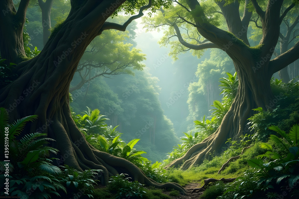 Poster lush rainforest scenery with swirling mist and giant trees creating a serene and tranquil ambiance i