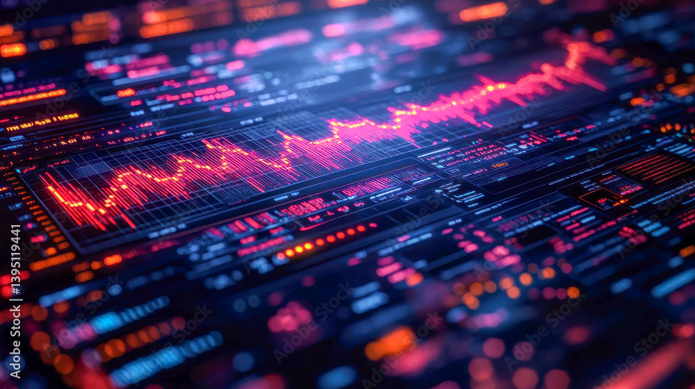 Poster abstract interface of financial data with rising and falling stock trends highlighted in red tones