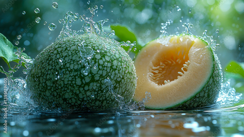 Poster freshly sliced watermelon under a rain shower, with droplets splashing off the surface, creating a v